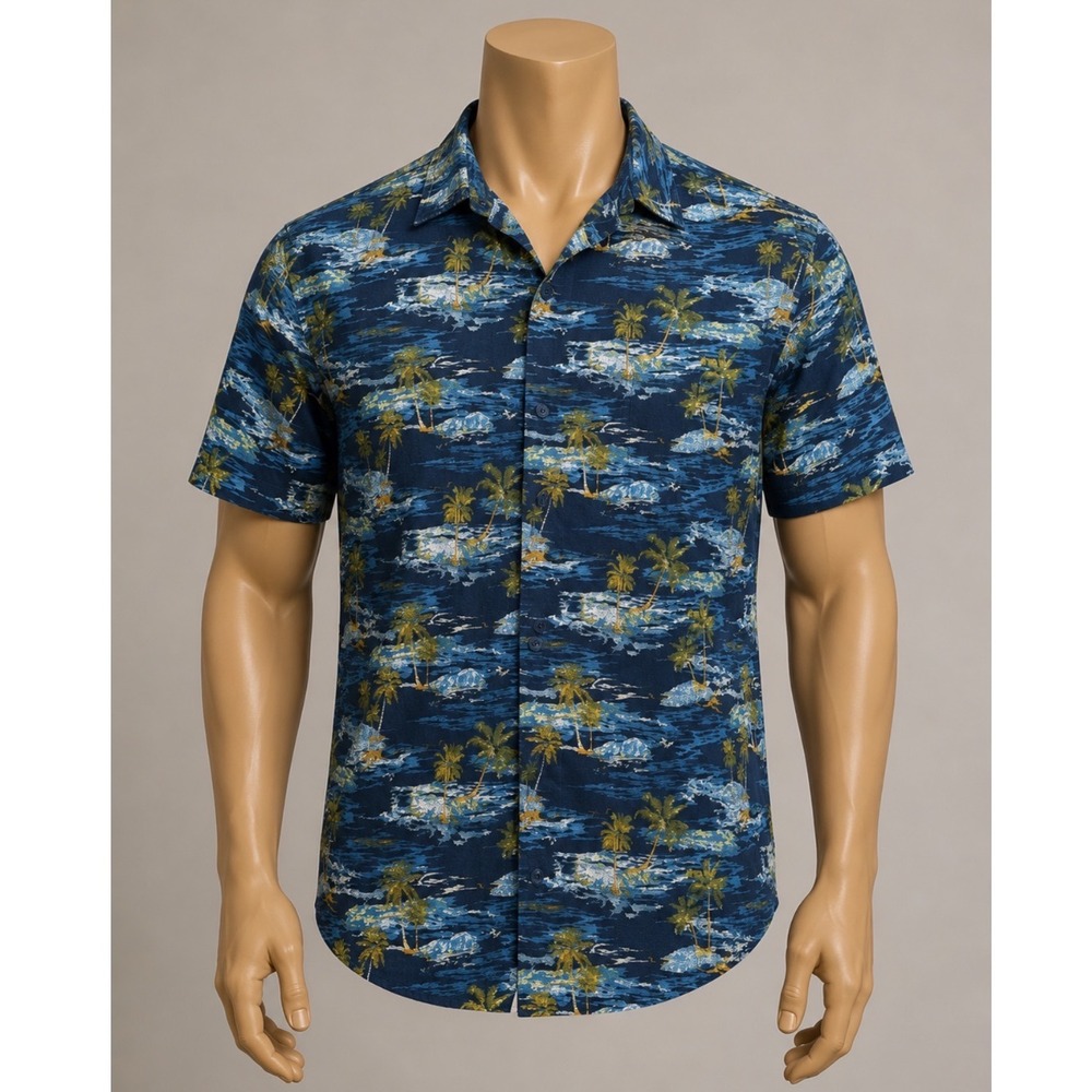 Lee Button Down Haitian Shirt Mens Large Blue Vintage Tropical Palm Tree Print